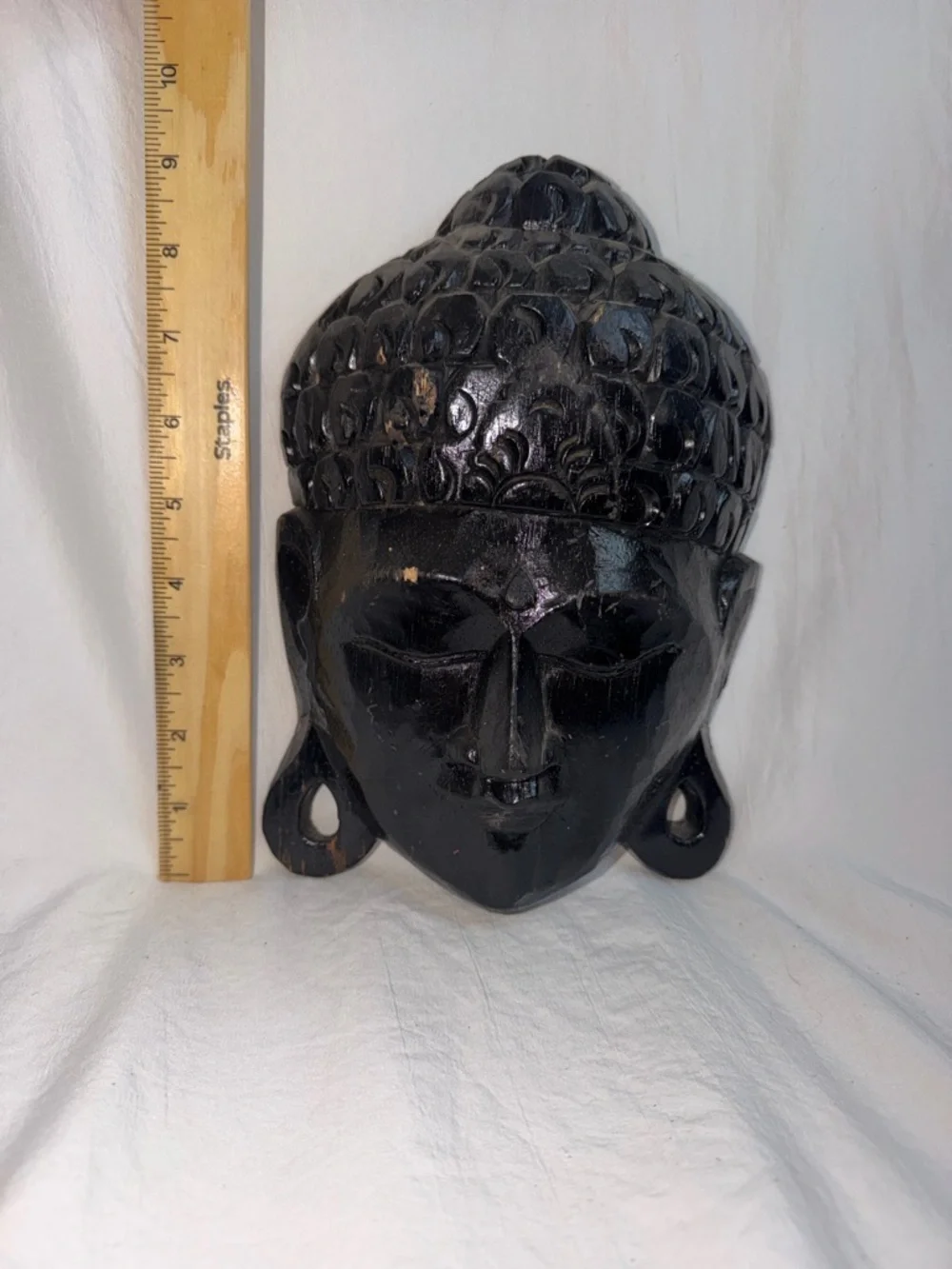 Vintage Hand Carved Wood Buddha Mask Wall Hanging Black Distressed 9.5" - Picture 6 of 6